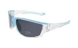 Lentes de sol Floats con montura celeste y lentes grises polarizadas.