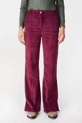 Pantalon de corte sastrero con textura aterciopelada, de tiro medio y pierna recta. Presenta cierre frontal con botón y costuras verticales decorativas a lo largo de las piernas.