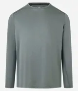 Remera deportiva de manga larga con cuello redondo, confeccionada en tejido técnico Dry Fit. Presenta un diseño liso en color negro con detalles reflectantes en los hombros.
