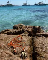 Collar con dije de bronce macizo con forma orgánica irregular, similar a un coral, suspendido de un cordón negro de seda natural anudado.