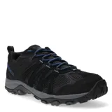 Championes de trekking Merrell modelo Accentor 3, color negro con detalles en azul. Presentan una combinación de malla y gamuza en la parte superior, cierre con cordones y suela de goma con relieve para mayor tracción.