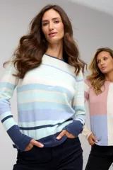 Buzo de tejido fino a rayas horizontales en tonos azul, celeste, beige y blanco, con cuello redondo y mangas largas.