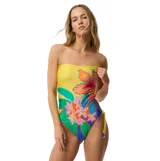 Malla enteriza strapless modelo Bliss Bandeau de Rip Curl, con diseño estampado floral tropical sobre base amarilla y detalles en los laterales.