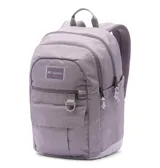 Mochila Columbia Buxton de 26 litros, color violeta, con dos compartimentos principales, funda interna para portátil de hasta 15 pulgadas, bolsillo frontal con cierre, bolsillos laterales para botellas y detalles funcionales como llavero y forro polar protector.