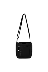 Bandolera negra con textura granulada, un bolsillo frontal con cierre de cremallera y un tirador de cremallera con la palabra "TRENDY" en relieve. Tiene una correa ajustable y extraíble.