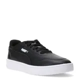 Championes urbanos Puma modelo Court Lally, color negro con suela blanca. Diseño de corte bajo con cordones, confeccionados en material sintético con detalles de costuras y logo Puma en el lateral.