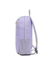 Mochila Caterpillar modelo Liam color lila con base negra, bolsillo frontal con cierre, bolsillos laterales de red y parche con el logo de la marca.