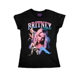 Remera negra de corte entallado con estampado frontal estilo bootleg de Britney Spears en tonos rosados y azulados.