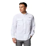 Camisa de manga larga Columbia, diseñada para actividades al aire libre y pesca. Presenta un diseño funcional con dos bolsillos frontales con solapa, cuello con cierre a presión, aberturas de ventilación y mangas enrollables con trabillas. Confeccionada con tecnología de repelencia avanzada Omni-Shield Blood 'n Guts y protección solar Omni-Shade.