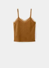 Top mustasa de tejido de punto fino con mezcla de lana, diseño entallado, tirantes finos, cuello escotado y delicados ribetes de encaje.