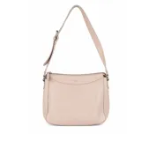 Cartera bandolera color nude, de diseño estructurado con cierre superior y correa ajustable.