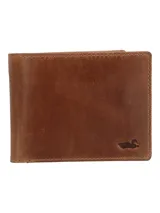 Billetera plegable de cuero color marrón, con acabado envejecido y logo de un pato grabado en relieve en la esquina inferior derecha.