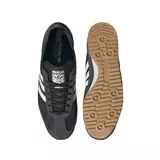 Championes adidas modelo SL 72 OG, de diseño retro con exterior en nylon negro y refuerzos de gamuza en tono gris oscuro. Presenta las icónicas tres tiras laterales en blanco, una entresuela con detalle en verde menta y suela de goma dentada color caramelo.