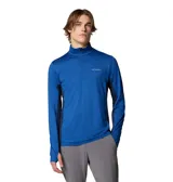 Remera de manga larga Columbia con cierre frontal parcial, cuello alto y orificios para pulgares en los puños. Presenta un diseño técnico con paneles laterales en un tono de azul más oscuro y tecnología Omni-Wick para gestión de la humedad.