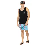 Short de baño Volcom modelo Breaker con estampado abstracto en tonos celestes, rosas, blancos y negros, cintura elástica negra y cordón ajustable.