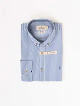 Camisa de manga larga La Dolfina con estampado de rayas verticales en azul y blanco. Presenta cuello abotonado, botones en contraste y logo bordado en el pecho.