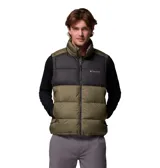 Chaleco acolchado Columbia, modelo Pike Lake II, con diseño bicolor en negro y verde militar. Cuenta con cierre frontal completo, cuello alto, bolsillos laterales con cremallera y tecnología Omni-Heat™ en el interior para retención de calor.