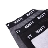 Pack de tres boxers Rusty con cintura elástica ancha con logo estampado. Incluye colores gris oscuro, negro y gris claro.