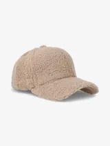 Gorra con visera color beige, confeccionada en tela tipo corderito, ideal para los días fríos.