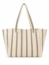Bolso tipo tote bag color beige con diseño de rayas verticales negras, doble asa de hombro y amplia capacidad.
