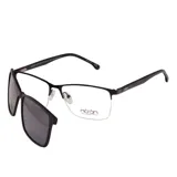 Lentes de receta con armazón metálico negro mate y diseño semi al aire, que incluye un clip-on magnético de sol con cristales oscuros.