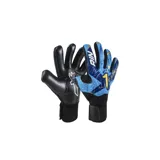 Guantes de arquero Rinat modelo Egotiko X Training, con palma de látex negro y dorso azul con detalles gráficos en blanco y dorado. Cuentan con cierre de muñequera elástica ajustable.