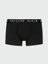 Bóxer blanco de algodón con pretina elástica negra con el logo de Philipp Plein en blanco y diseño de calavera en la pierna derecha.