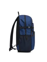 Mochila Cat modelo Noah, color azul, con bolsillo frontal con cierre, correas de compresión laterales, bolsillos laterales de malla y compartimento interno para laptop.