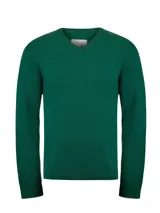 Sweater de cashmere color verde oscuro, de manga larga y cuello en V con borde en contraste.