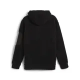 Buzo hoodie Puma Open Road Winter, color negro, de corte holgado y tejido tipo sherpa. Presenta el logo de Puma bordado en el pecho y un bolsillo con cierre en la manga izquierda.