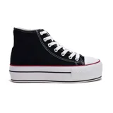 Zapatillas deportivas de caña alta, color negro con suela de plataforma doble blanca con línea roja.