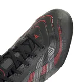 Championes de fútbol Adidas Predator League FG/MG, color negro con detalles en gris y rojo. Exterior Hybridfeel con elementos Strikescale y suela Controlplate para terrenos firmes y césped artificial.