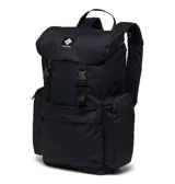 Mochila Columbia de 28 litros, color negro, con compartimento para computadora portátil, espalda acolchada, bolsillos laterales con cierre y correas ajustables.