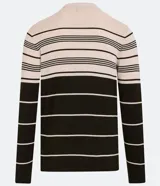 Suéter de punto manga larga con cuello redondo y diseño a rayas horizontales en tonos beige, blanco y verde oliva.