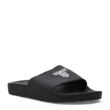 Sandalias tipo slide color negro, con tira ancha que presenta el logo de la marca en relieve blanco. Suela texturizada para mayor adherencia.
