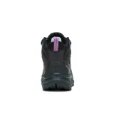 Bota de trekking Merrell modelo Speed Strike 2 Mid, diseñada para senderismo con membrana impermeable. Presenta una combinación de malla y cuero sintético en color negro con detalles en violeta, suela de goma con tracción duradera y cierre mediante cordones.