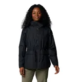 Chaqueta impermeable Columbia modelo Sweet Creek II Lined, color negro. Presenta cierre frontal completo, capucha integrada, cintura ajustable con cordón y bolsillos laterales de doble entrada. Cuenta con forro polar interior para mayor calidez y tecnología Omni-Tech para protección contra la lluvia.
