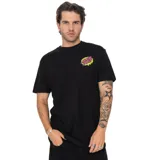 Remera negra de manga corta con cuello redondo y estampado frontal del logo de Santa Cruz en verde neón y fucsia.