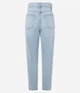 Pantalón mom jeans de tiro alto y corte holgado en color azul, con cierre frontal de cremallera y botón, trabillas para cinturón y bolsillos delanteros y traseros.