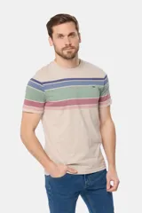 Remera de manga corta con cuello redondo y diseño rayado multicolor en tonos azules, beige, verde y rosado, con pequeño logo bordado en el pecho.