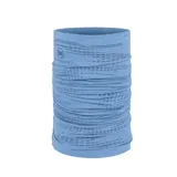 Cuello multifuncional Buff de la línea Dryflx, diseñado para actividades deportivas. Presenta un tejido técnico elástico y transpirable en color azul con un sutil patrón de líneas horizontales y el logo de la marca estampado.