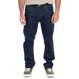 Pantalón de jean azul oscuro, corte slim fit, con bolsillos delanteros y traseros.