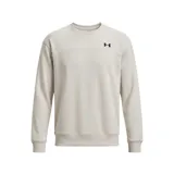 Buzo deportivo Under Armour Rival LW Crew, color beige claro con cuello redondo, mangas largas y el clásico logo de la marca en negro bordado en el pecho. Presenta una costura horizontal decorativa en la parte superior del frente.