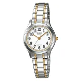 Reloj Casio modelo LTP1275SG-7BDF para mujer, con caja plateada y detalles dorados, esfera blanca con números y agujas doradas, y pulsera de acero inoxidable plateada con eslabones centrales dorados.