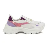 Championes casuales de mujer marca Vizzano, color blanco con detalles multicolor en verde, naranja y violeta. Presentan diseño chunky con suela gruesa texturizada y cordones blancos.