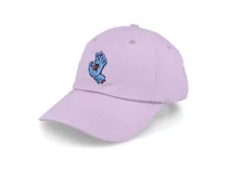 Gorra de visera curva color lila con bordado frontal del icónico logo Screaming Hand de Santa Cruz en tonos azules y rojos.