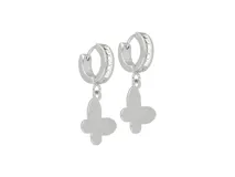 Aros tipo argolla de acero plateado con circonias y dije colgante en forma de mariposa.