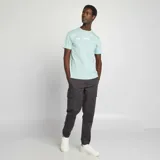 Camiseta de manga corta en color verde agua, con cuello redondo y estampado frontal con texto y números en color blanco.