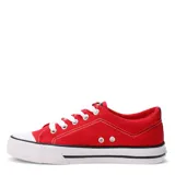 Championes de lona color rojo con cordones blancos, puntera de goma blanca y suela con franjas negras.