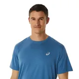 Remera deportiva Asics negra de manga corta, con logo blanco en el pecho y estampado con la leyenda "Asics Running" en caracteres japoneses Katakana.